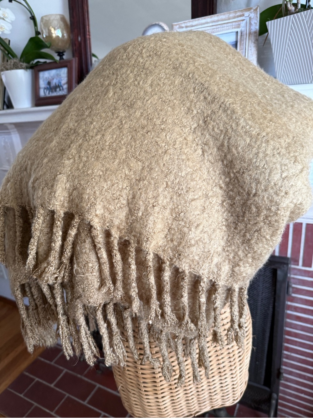 Pottery Barn camel tan cozy fringe throw blanket